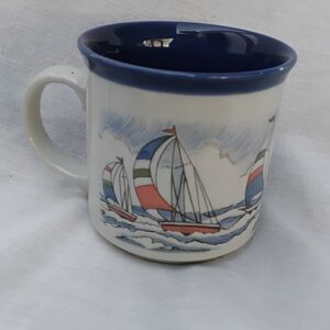 Otagiri Sailboat Ceramic Mug with Blue Rim and Multicolor Sails